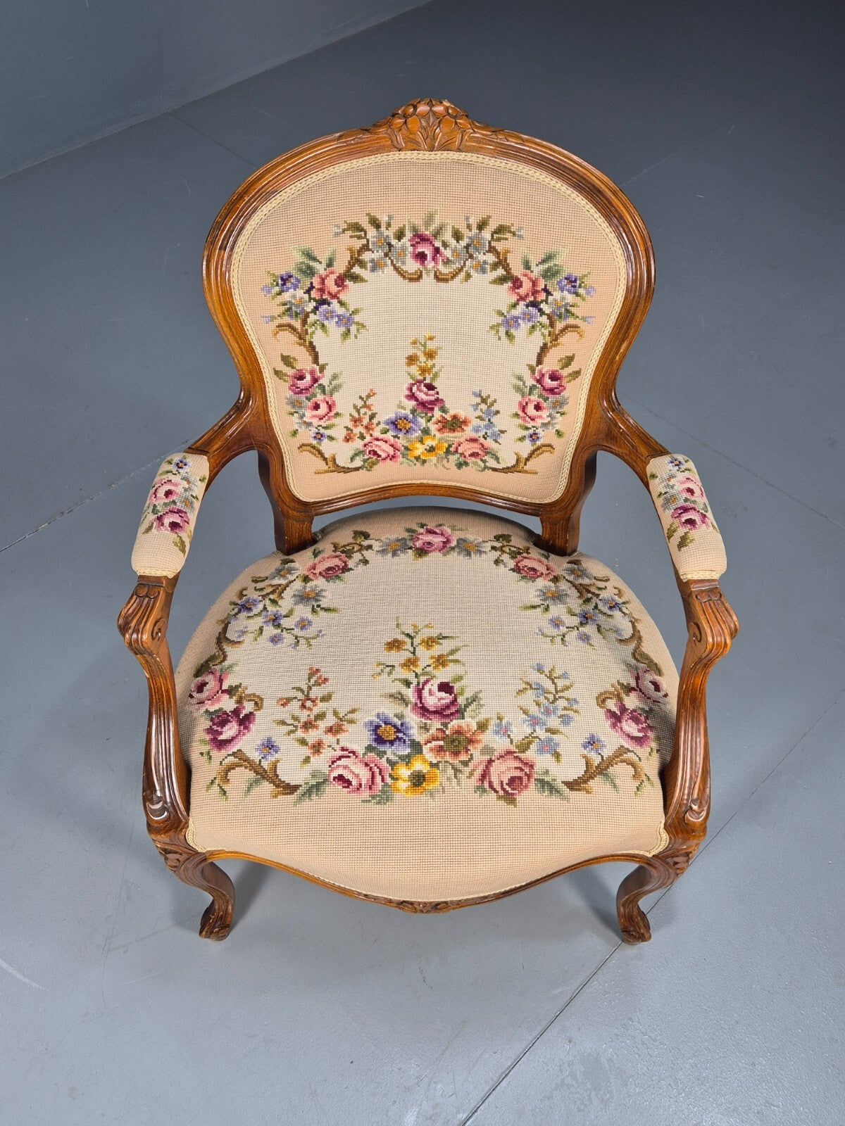 Vintage Armchair Embroidered Floral Pattern Louis XVI Style Beech EB9564 VCLO - UKDK FURNITURE