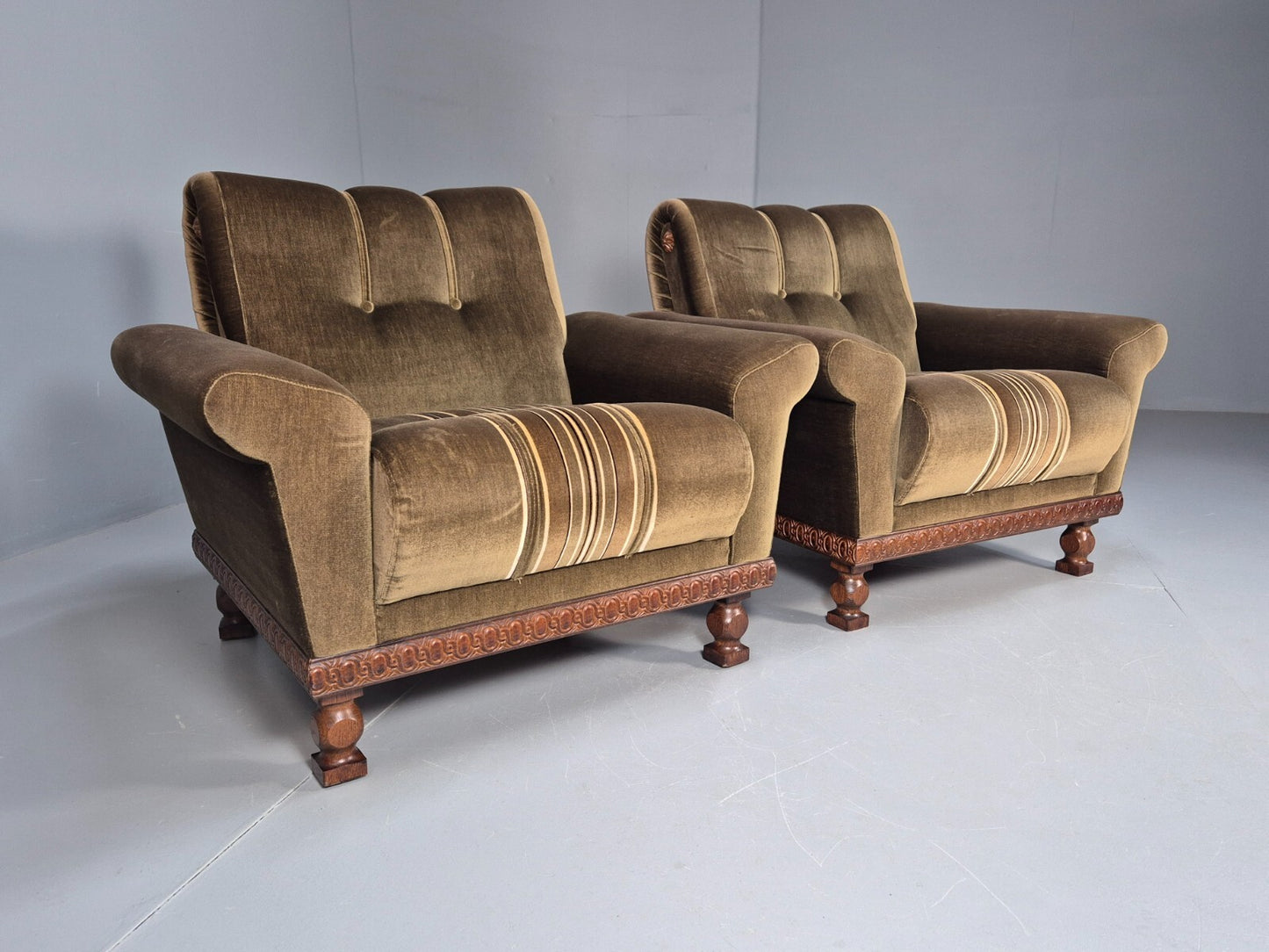 2 Vintage Danish Green Velour Armchairs Oak trim 1970 Quality Retro EB9027 VCLO - UKDK FURNITURE