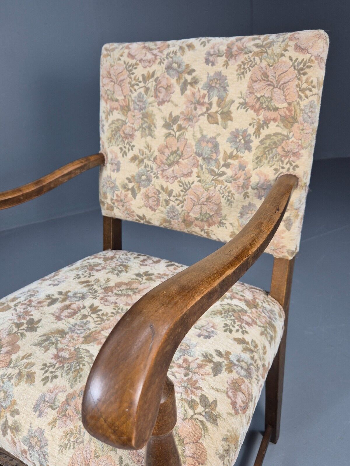 Vintage Danish Armchair Floral Cotton Oak Frame 17th Century Style EB8914 VCAR - UKDK FURNITURE