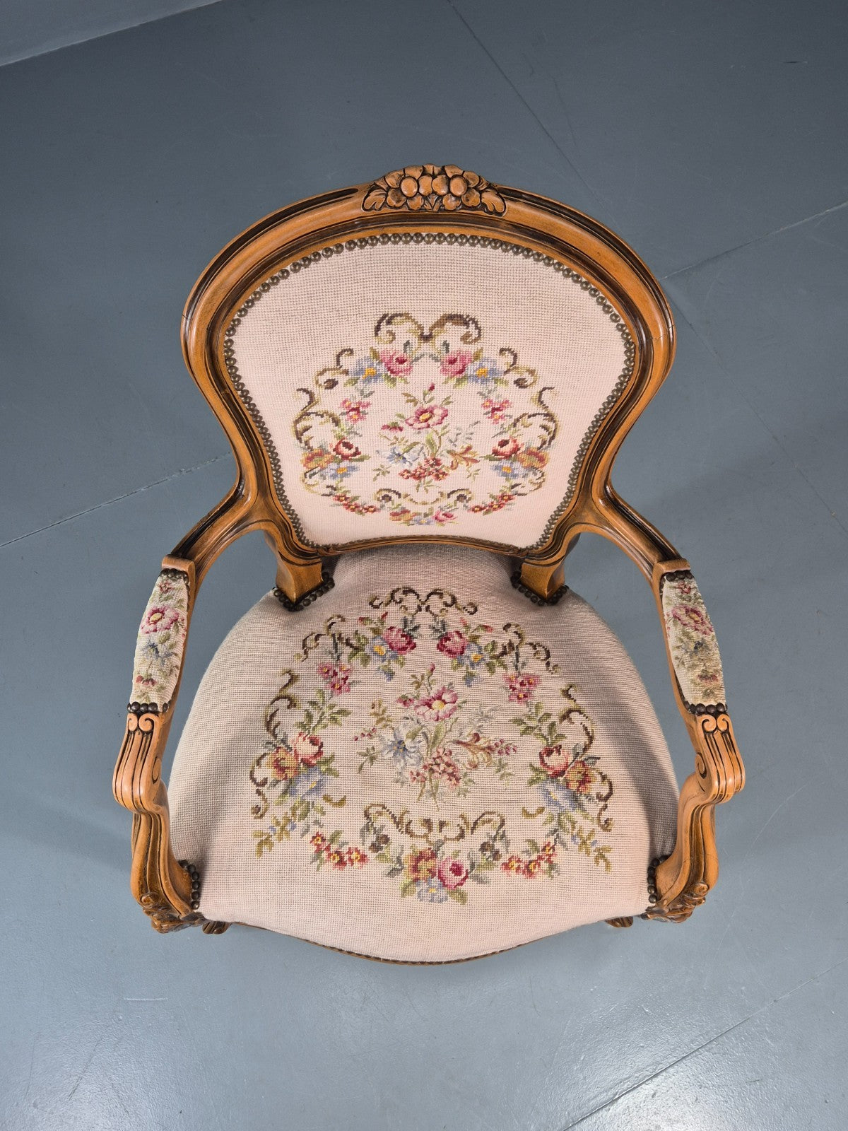 French Rococo Fauteuil Chair Floral Embroidered 1960s Retro EB10777 VDIN15
