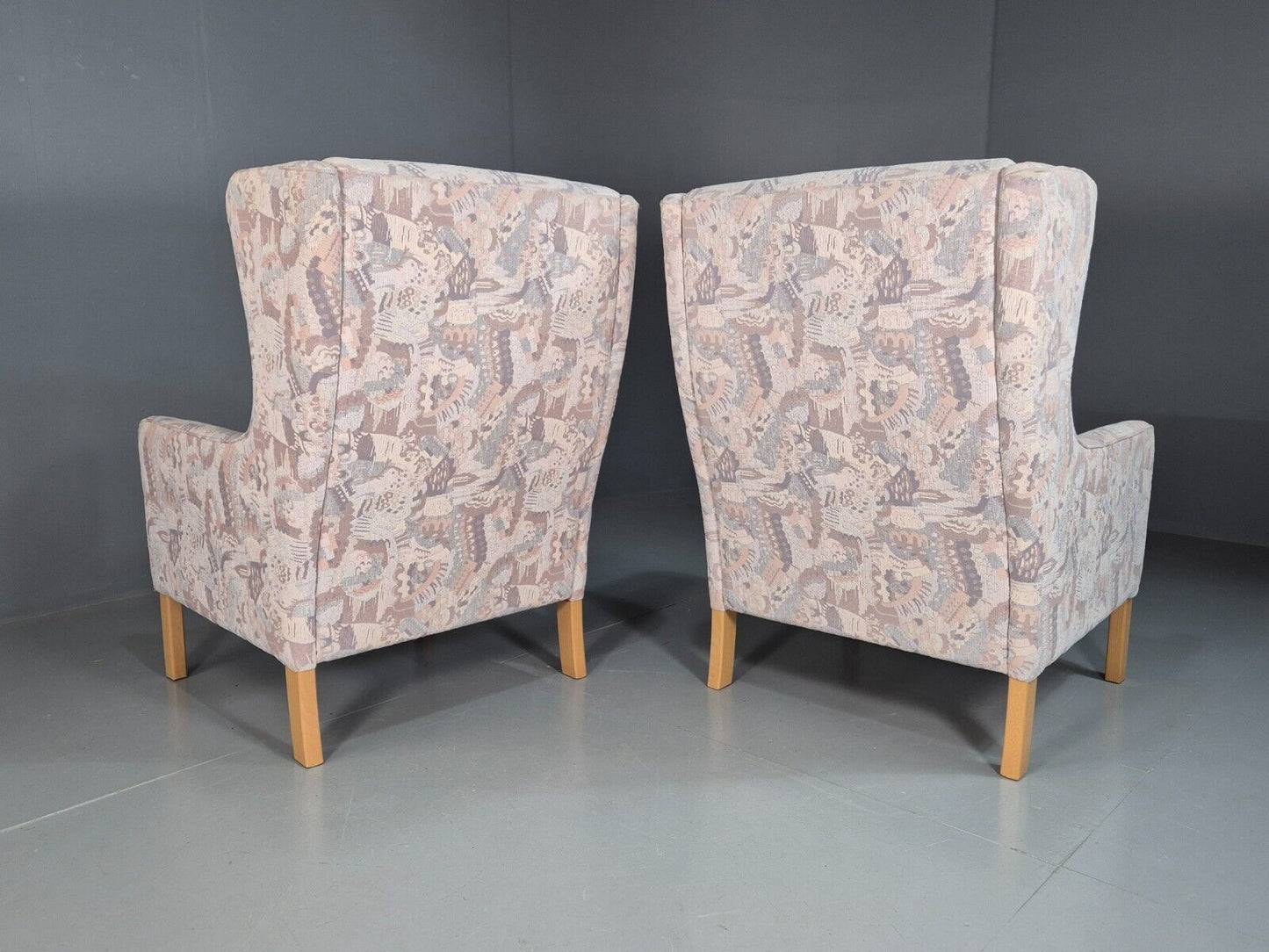 2 Vintage Danish Wing Back Lounge Chairs Cotton 1980s Fabric Retro EB8289 MNOR - UKDK FURNITURE
