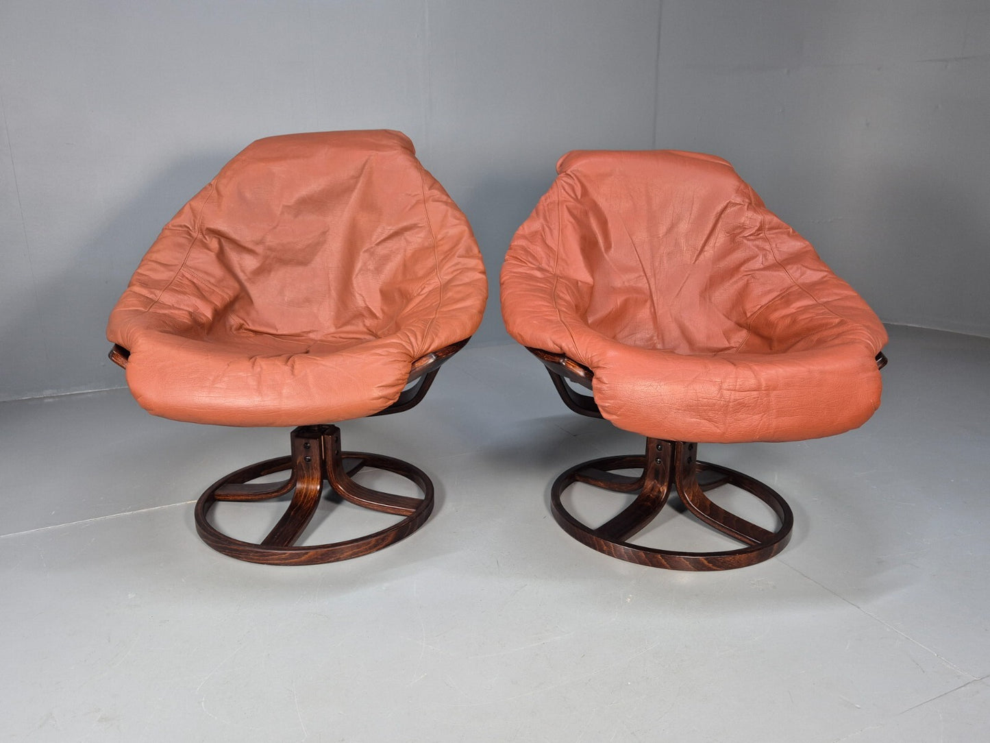 2 Vintage Danish Tan Leather Lounge Chairs Swivel Base MCM Retro EB9299 MSWI - UKDK FURNITURE
