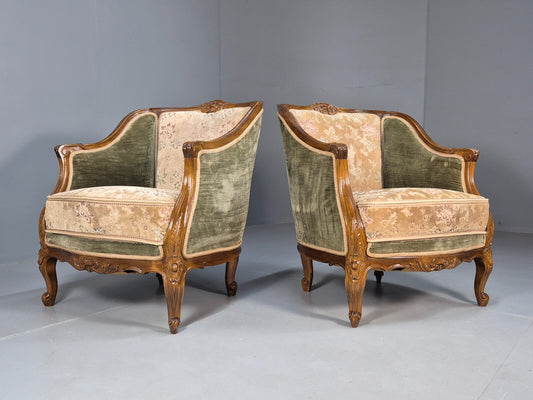 2 Vintage Rococo Armchairs 1920s Danish Green and Floral Antique EB9555 VCLO - UKDK FURNITURE