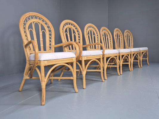 6 Vintage Cane Dining Chairs 1980s Retro 2 Carvers White Seat EB9704 VBER - UKDK FURNITURE