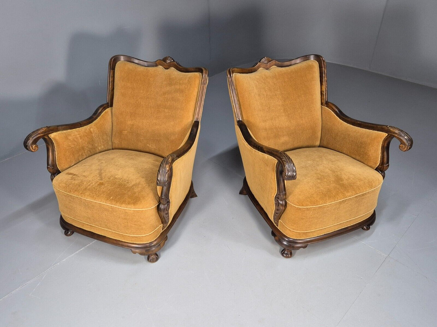 2 Vintage Danish Antique Chairs Gold Velour 1930s Carved Wood EB8969 VCLO - UKDK FURNITURE