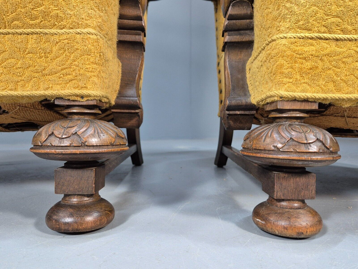 2 Vintage Baroque Armchgairs in Oak and Mustard Moquette 1940s EB9005 VCLO - UKDK FURNITURE