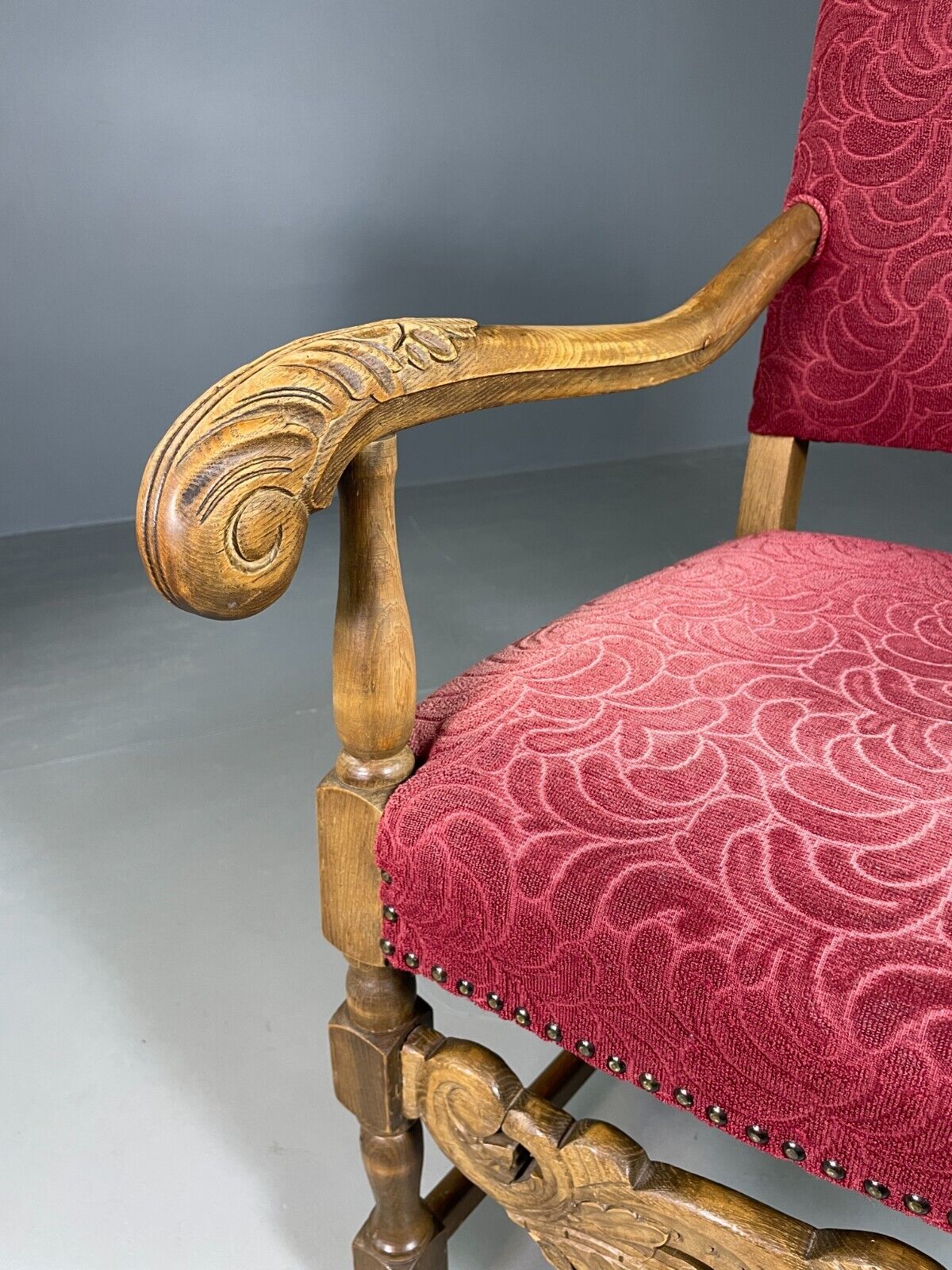 Vintage Danish Lounge Chair Oak Red Moquette 17th Century Style EB6942 VCLO - UKDK FURNITURE