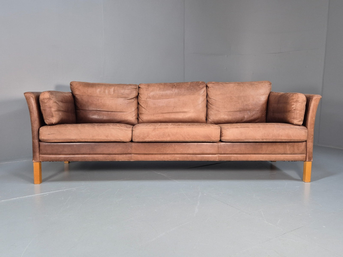 Retro Three Seater Sofa Brown Leather Danish Mid Century Design 70s EB10106 M3SS5