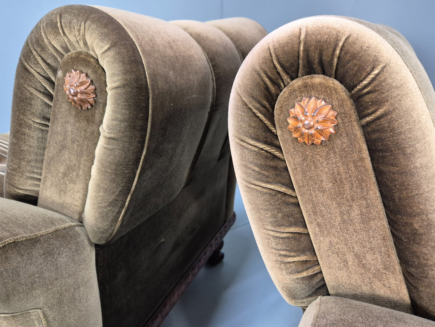 2 Vintage Danish Green Velour Armchairs Oak trim 1970 Quality Retro EB9027 VCLO - UKDK FURNITURE