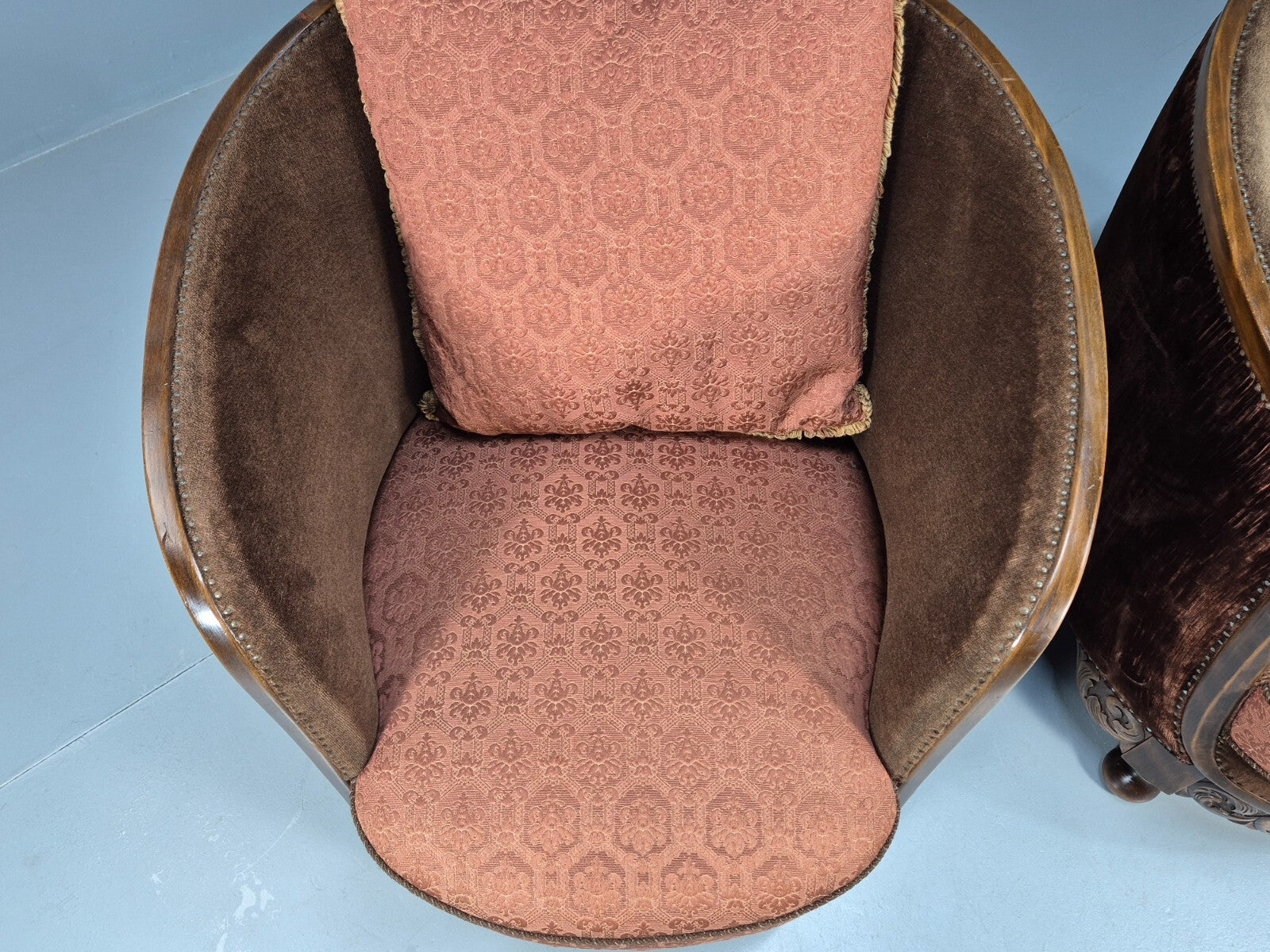 2 Vintage Art Deco Danish Tub Lounge Chairs Damask and Velvet 1940s EB9004 VCLO - UKDK FURNITURE