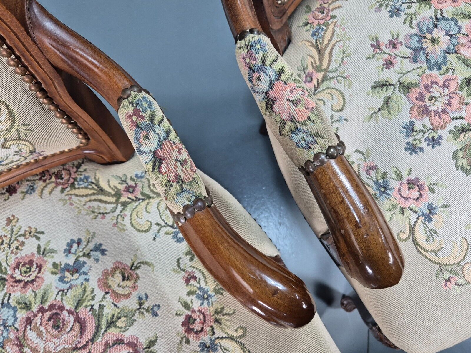 2 Vintage Danish Lounge Chairs Fauteuil Floral Tapestry French Repro EB8077 VCAR - UKDK FURNITURE