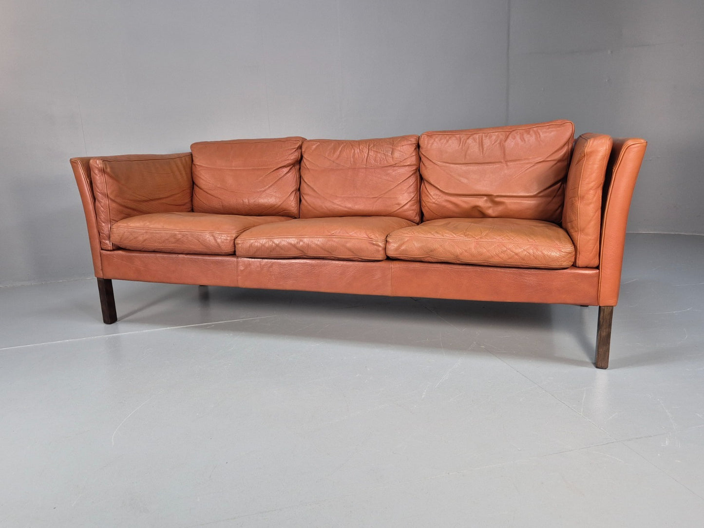 Retro Tan Leather Three Seater Sofa Vintage Danish Mid Century 1970 EB10078 M3SS6