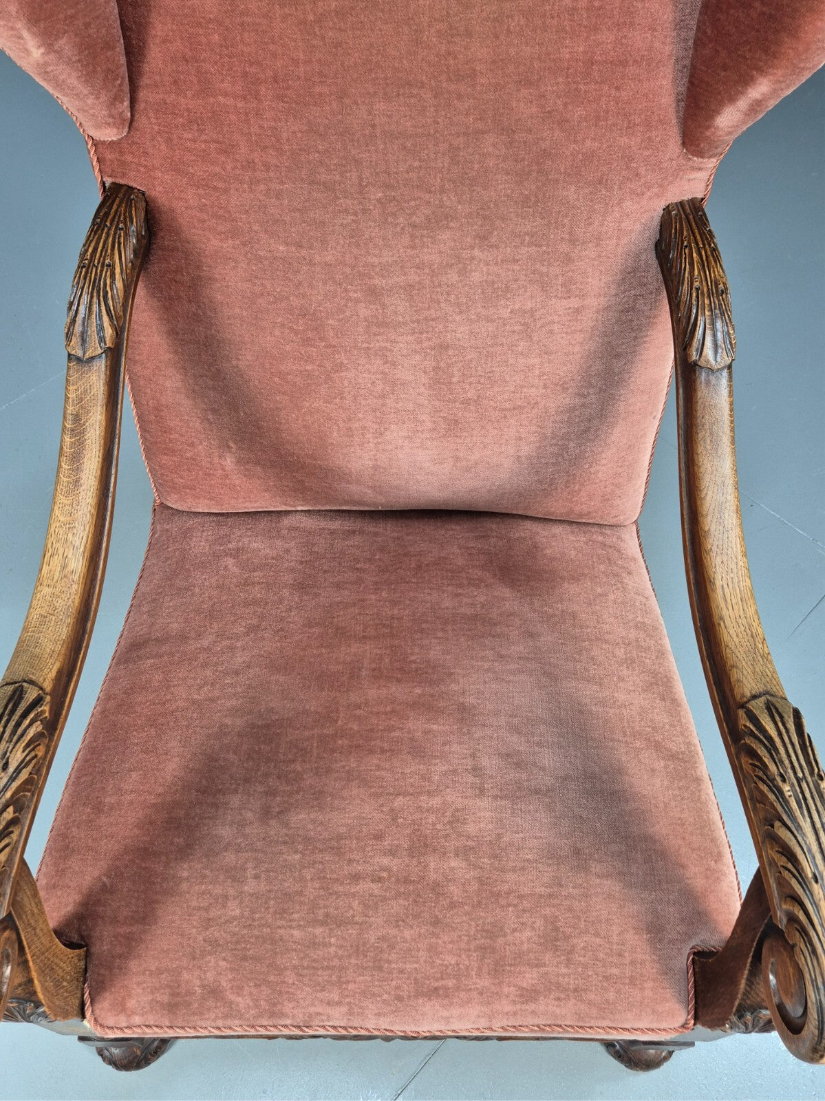 Vintage Danish Lounge Chair Pink Peach Velour Oak 17th Century Style EB8970 VCLO - UKDK FURNITURE
