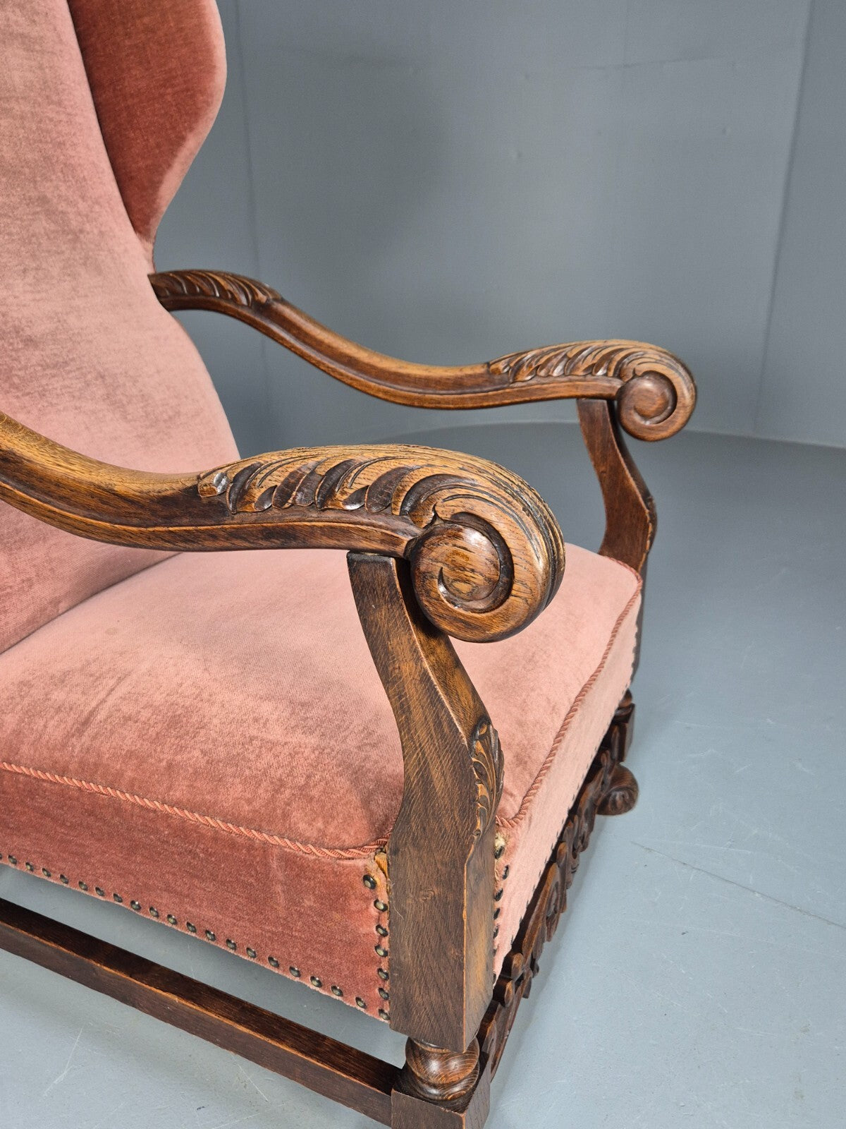 Vintage Danish Lounge Chair Pink Peach Velour Oak 17th Century Style EB8970 VCLO - UKDK FURNITURE