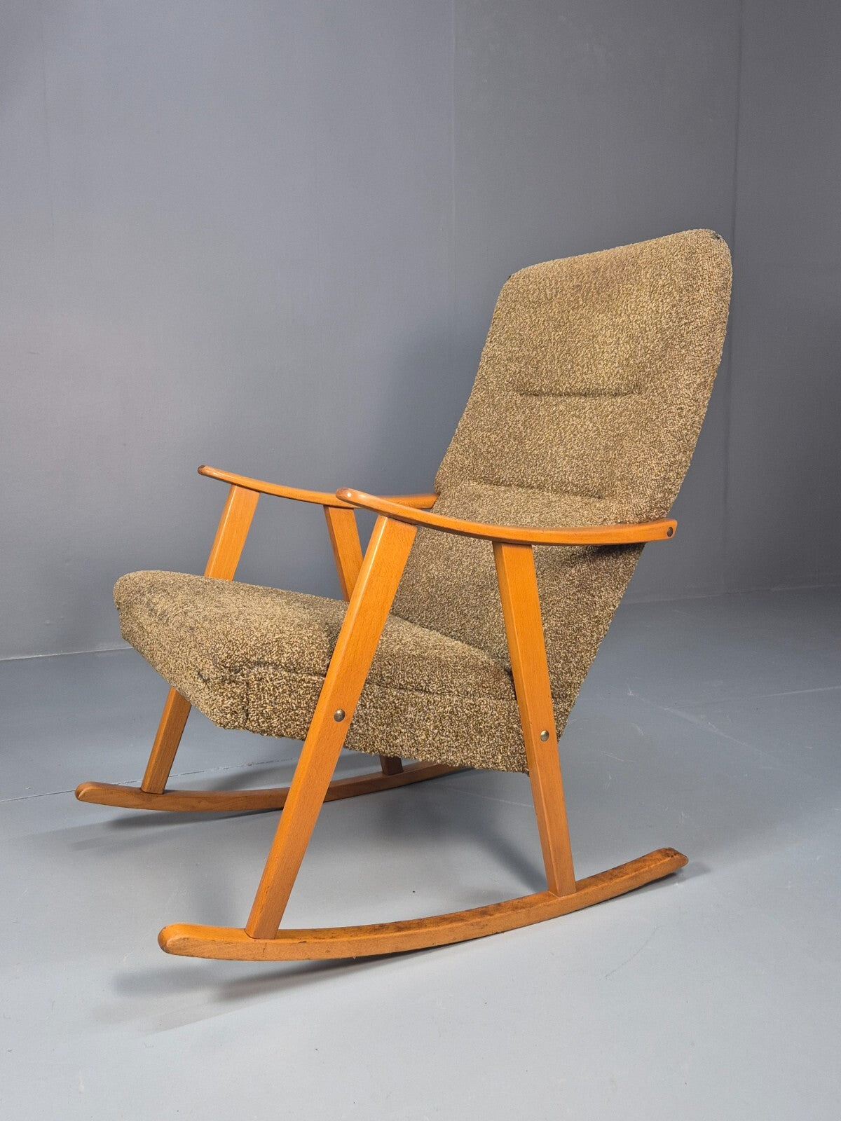 Mid Century Rocking Chair Olive Brown Wool Fabric Beech Frame 1950s EB9595 MNOR - UKDK FURNITURE