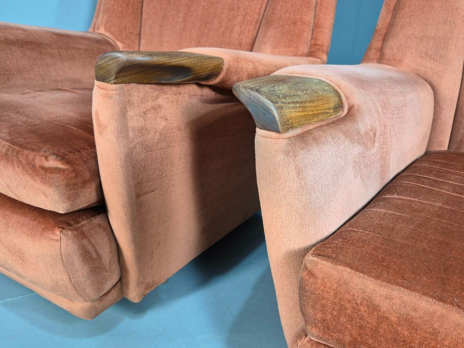 2 Vintage Lounge Chairs Pink Velour Teak Paws 1960s Retro EB8203 MNOR - UKDK FURNITURE
