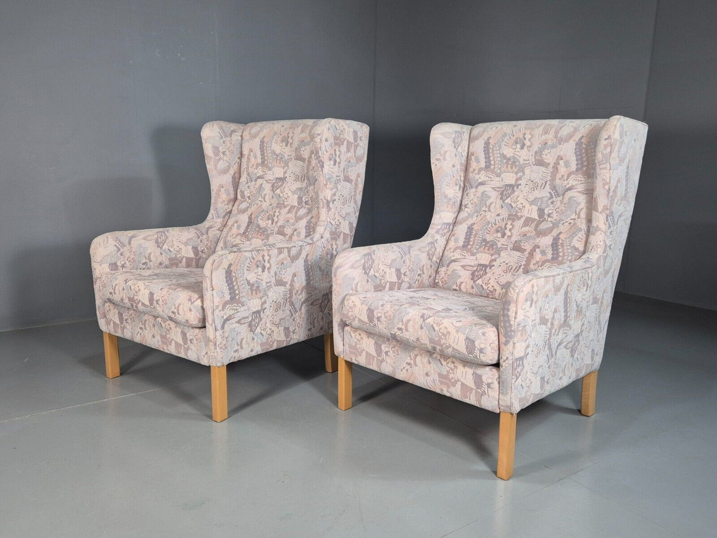 2 Vintage Danish Wing Back Lounge Chairs Cotton 1980s Fabric Retro EB8289 MNOR - UKDK FURNITURE