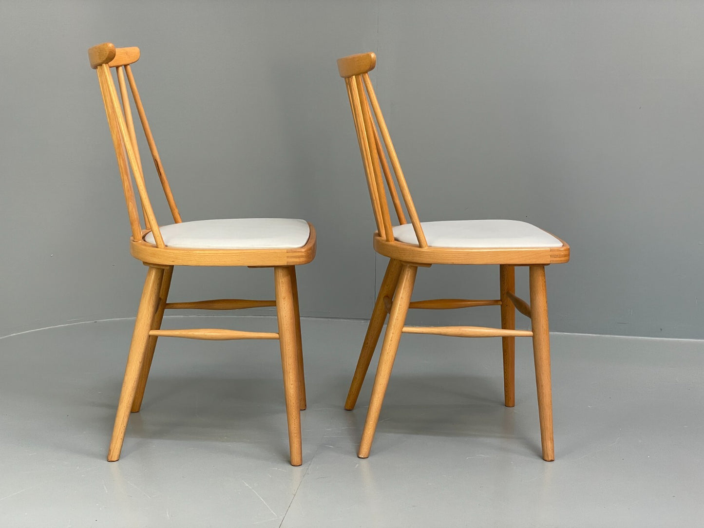 Mid Century Beech Dining Chairs Pair Off White Vinyl 1960s EB9779 MDIN - UKDK FURNITURE