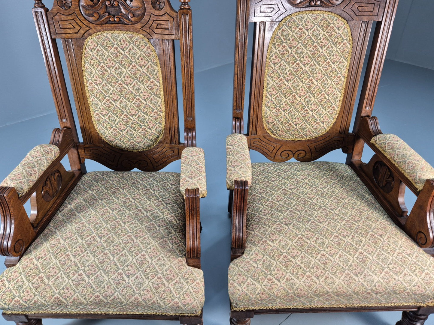 2 Edwardian Carved Oak Lounge Chairs Embroidery Upholstery 1900s EB10690 VCAR10