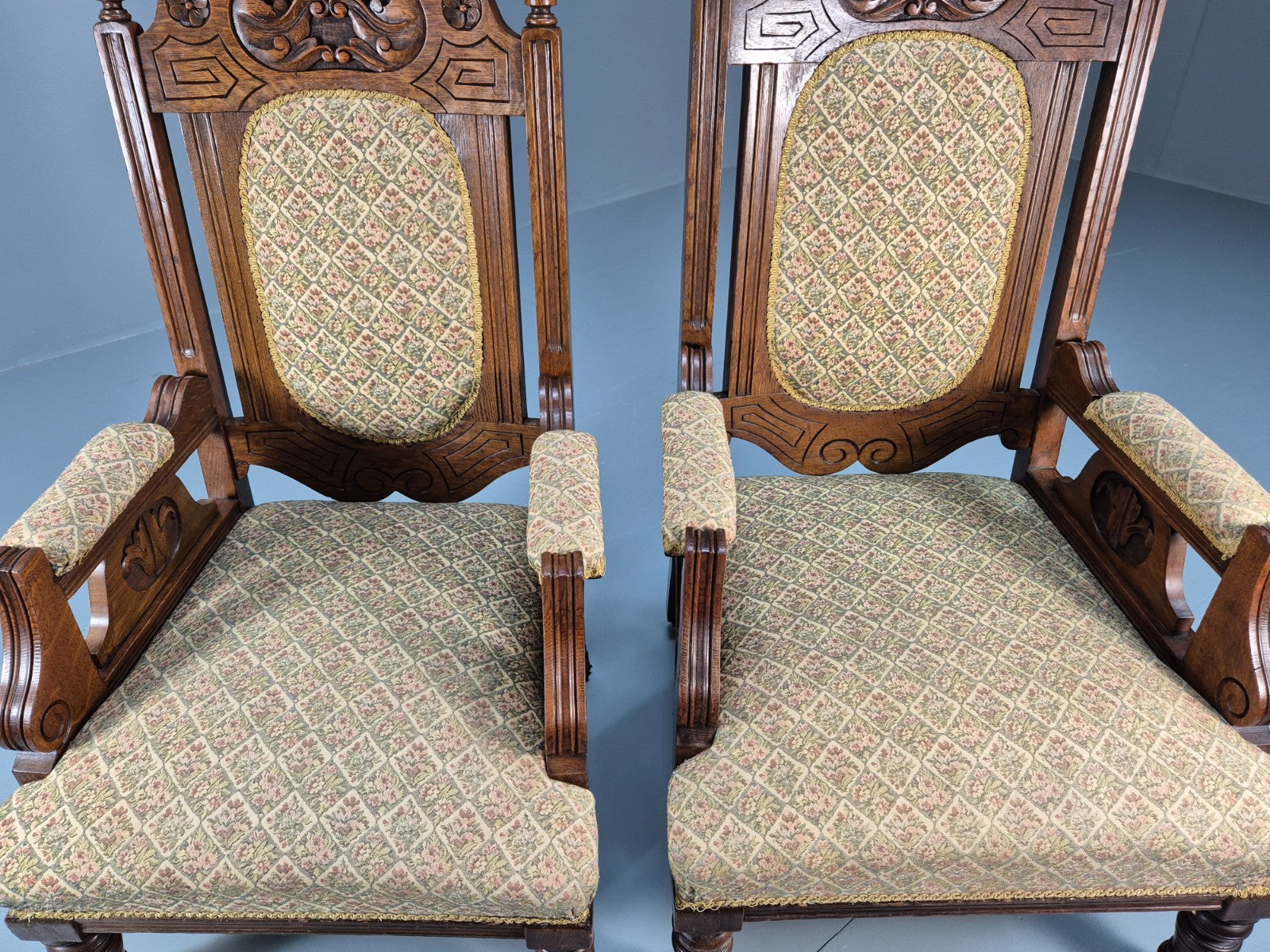 2 Edwardian Carved Oak Lounge Chairs Embroidery Upholstery 1900s EB10690 VCAR10