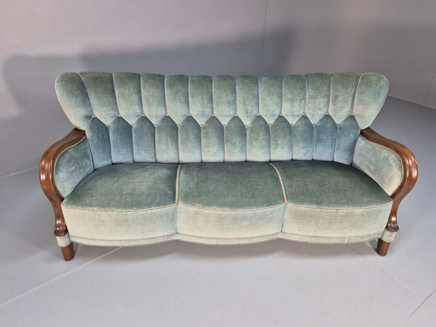 Vintage Danish Art Deco Sofa Blue Velvet Velour Oak Frame Shell Back EB9591 V3SS - UKDK FURNITURE