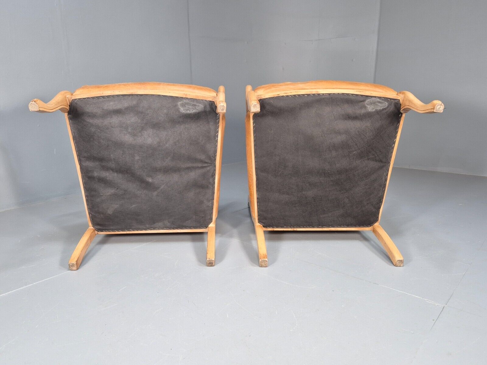 2 Vintage Lounge Chairs Tan Leather Cream Wood Frame Antique Style EB9028 VLEA - UKDK FURNITURE