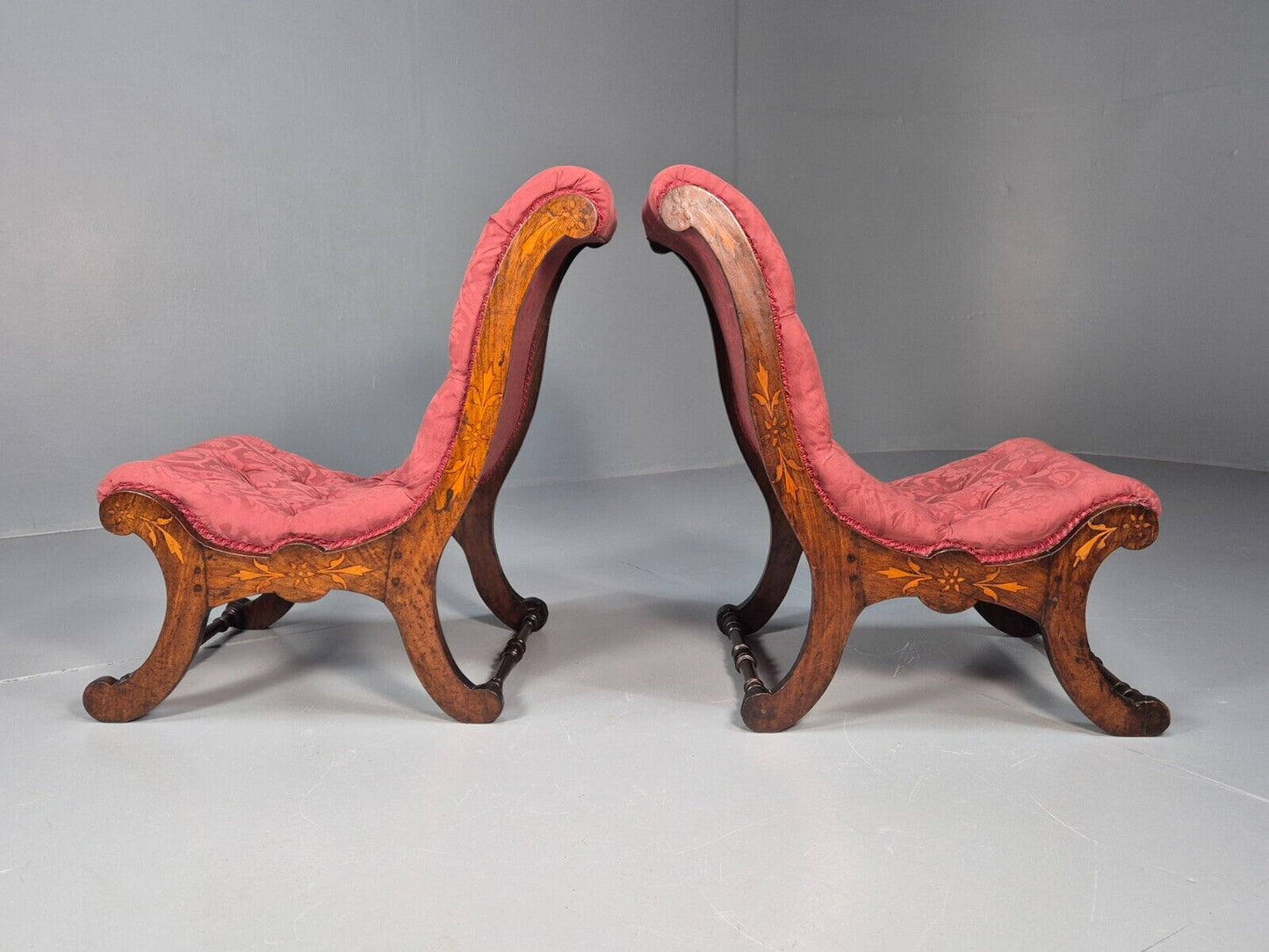 2 Vintage Slipper Chairs Pink Cotton Rosewood Inlay Antique EB8874 VCLO - UKDK FURNITURE