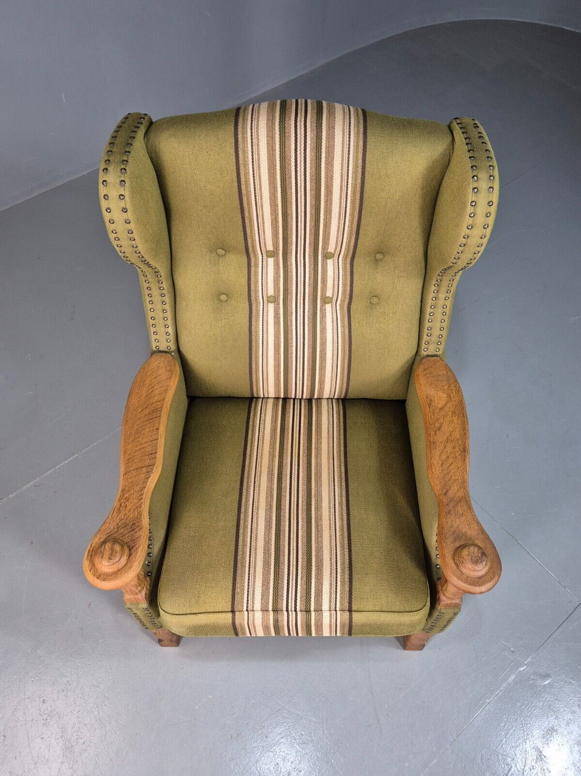Vintage Danish Green Striped Wingback Armchair Oak Studded Skippers EB8044 MNOR - UKDK FURNITURE