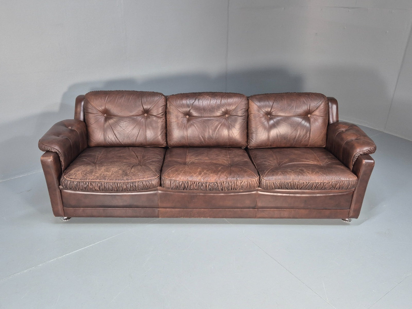 1970s Three Seat Retro Sofa Danish Brown Leather Vintage EB10687 V3SS4