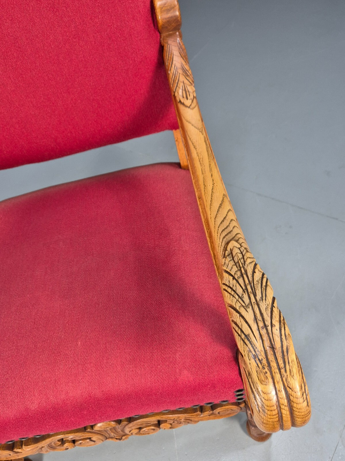Vintage Danish Baroque Style Armchair in Red Wool and Oak 1950s EB9582 VCAR - UKDK FURNITURE