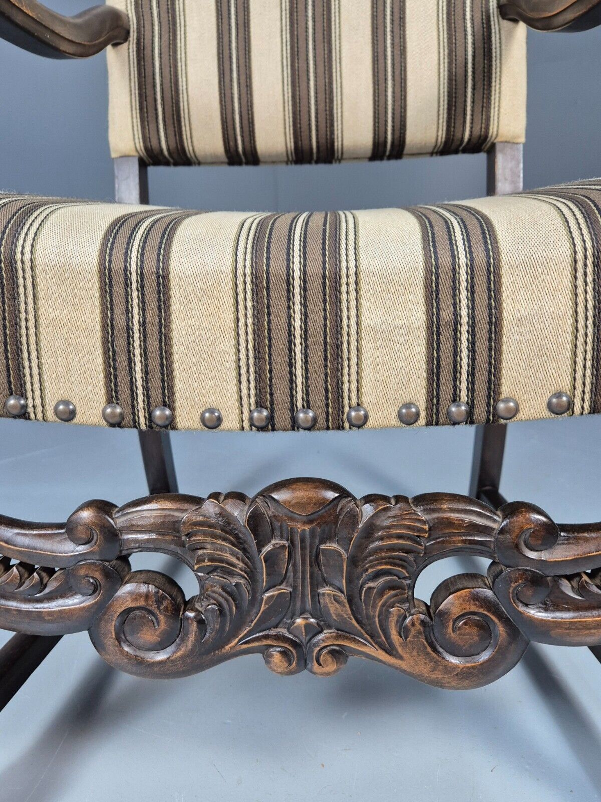 Vintage Danish Baroque Style Elbow Chair Striped Wool Upholstery EB9383 VCAR - UKDK FURNITURE