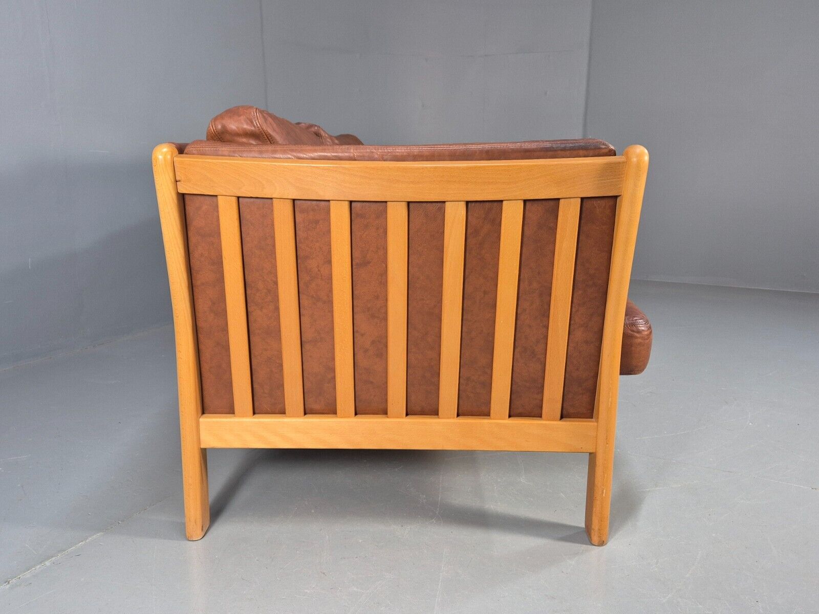 Vintage Danish 3 Seat Sofa Tan Leather Beech Ends Stouby Style MCM EB8751 M3SS - UKDK FURNITURE
