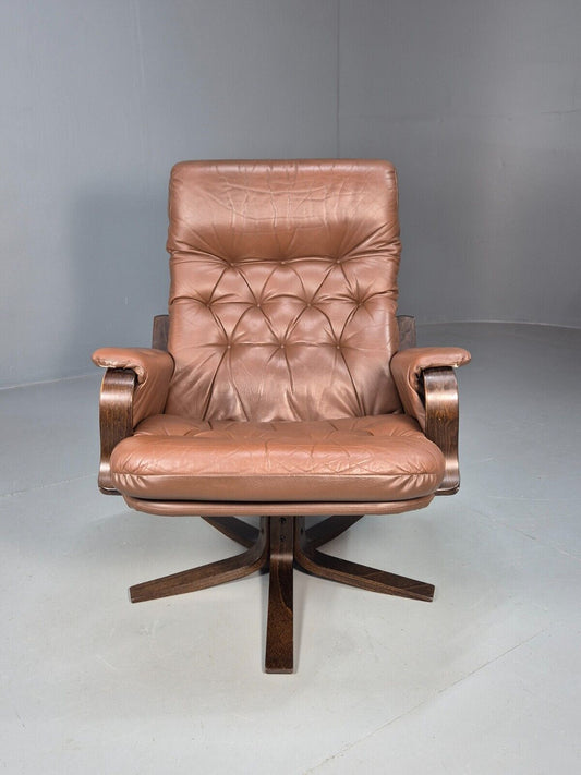 Vintage Danish Brown Leather & Vinyl Bentwood Swivel Chair Retro EB8480 MSWI - UKDK FURNITURE