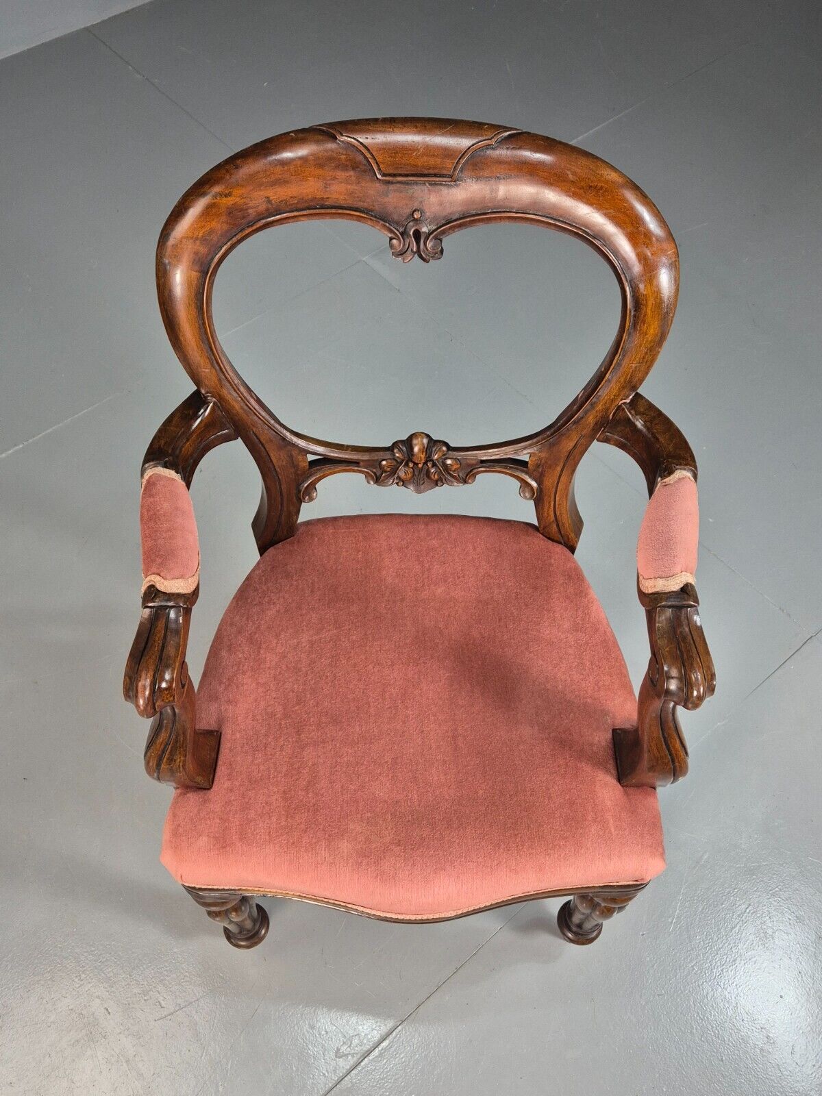Vintage Elbow Chair Pink Velour Mahogany Frame Balloon Back Antique EB7861 VCAR - UKDK FURNITURE