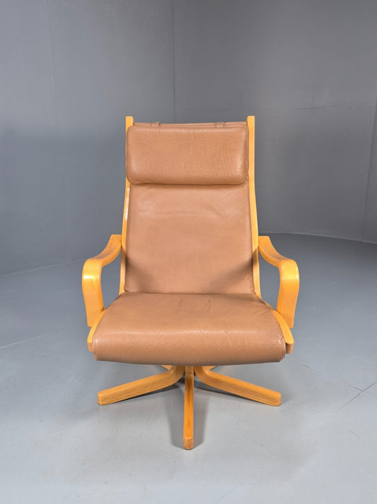 Vintage Danish Leather SWivel Lounge Chair with Bentwood Frame 1980s EB9272 MSWI - UKDK FURNITURE