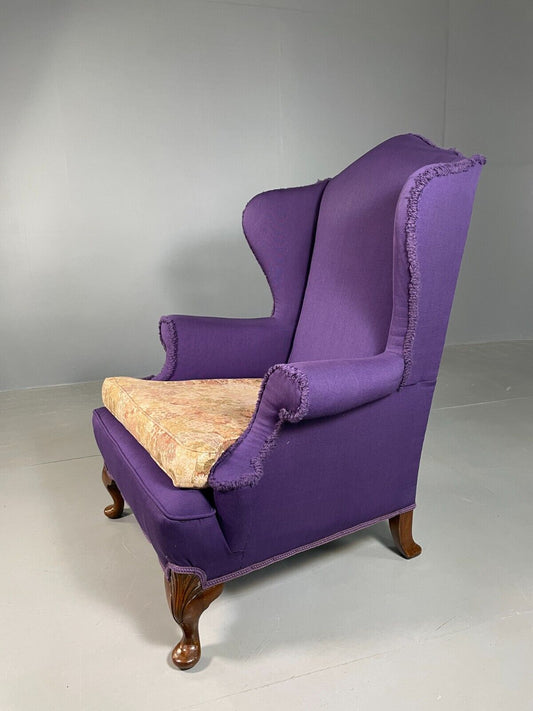 Vintage Wingback Lounge Chair Purple Cotton Georgian Antique Style EB6982 VCLO - UKDK FURNITURE