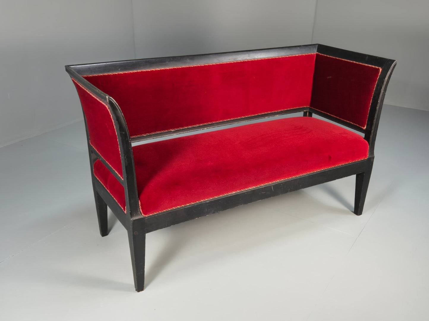 Vintage Danish Empire Style Sofa Red Velour Black Frame 1940s EB9632 V2SS - UKDK FURNITURE