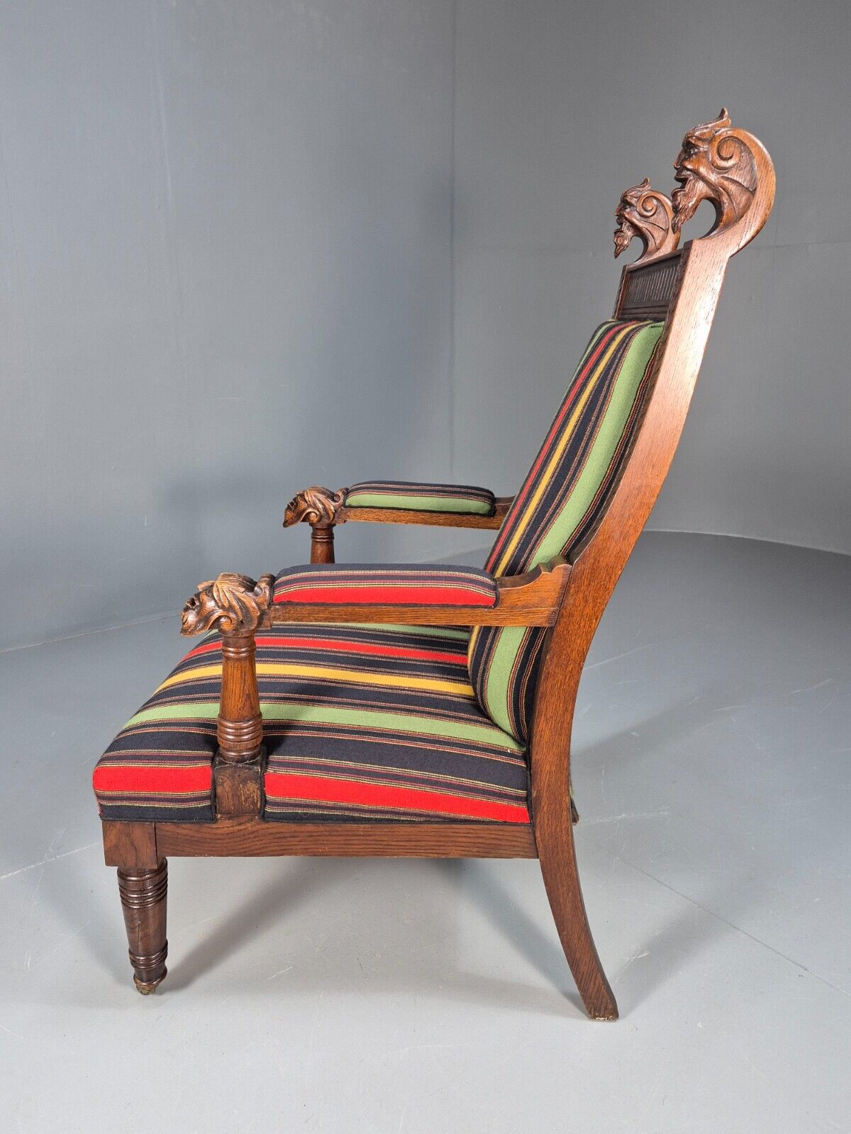 Vintage Danish Lounge Chair Multicoloured Carved Oak Figures Antique EB8951 VCLO - UKDK FURNITURE
