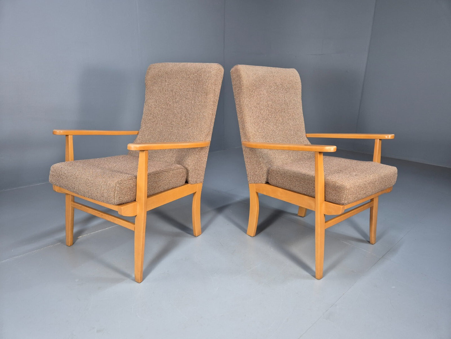 Vintage Oatmeal Armchairs Beech Frame Pair Retro Design EB9489 MNOR - UKDK FURNITURE