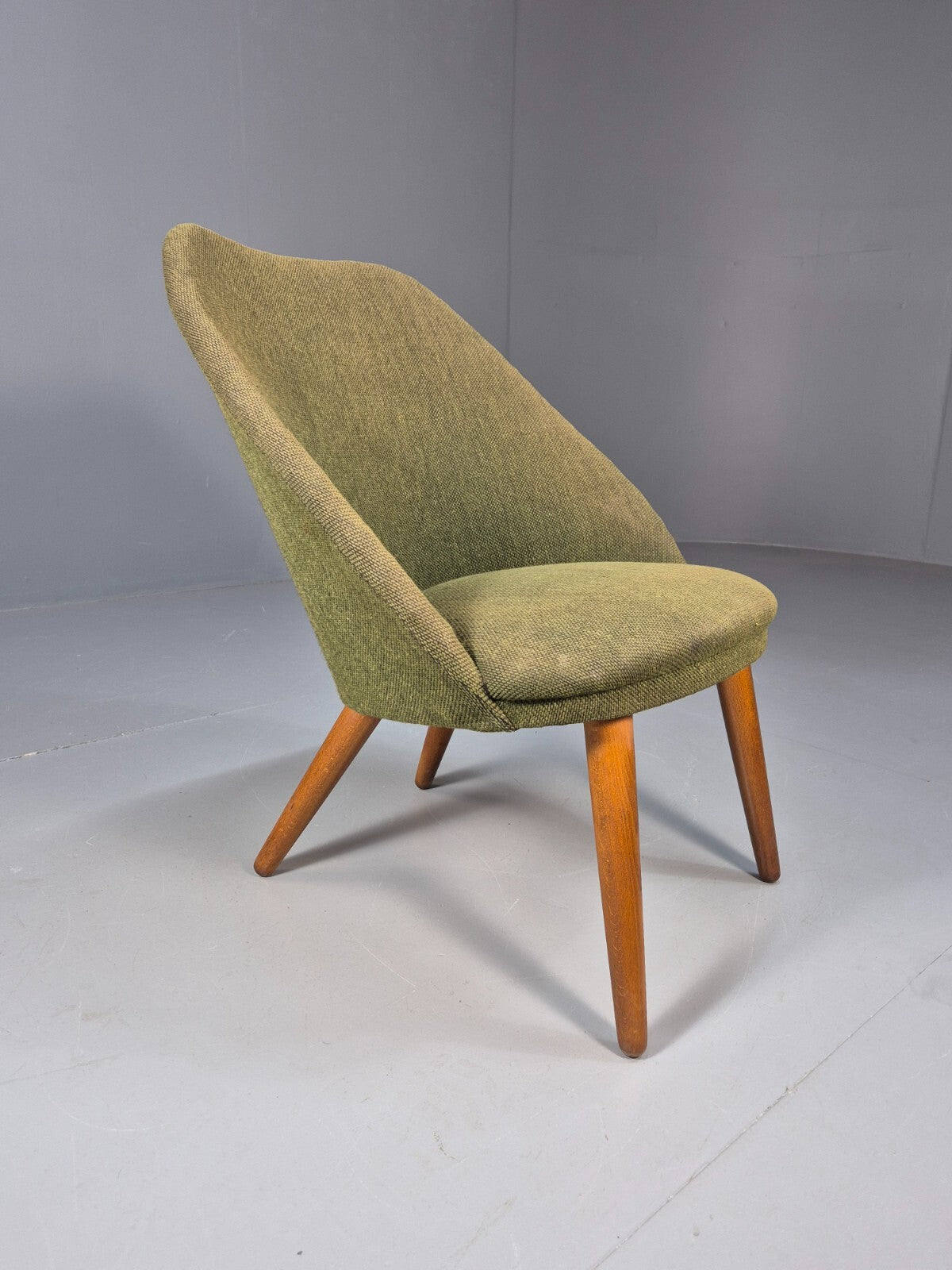 Vintage Danish Lounge Chair Curved Tub Form Green Wool Teak Legs MCM EB9264 MNOR - UKDK FURNITURE