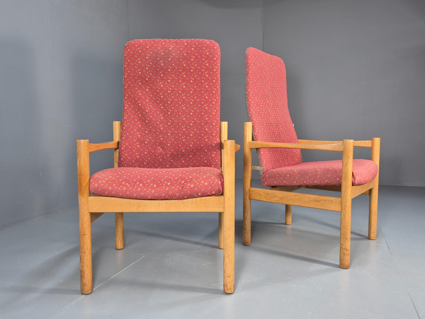 2 Vintage Danish High Back Armchairs Pink and Grey Oak Frame MCM EB9370 MNOR - UKDK FURNITURE