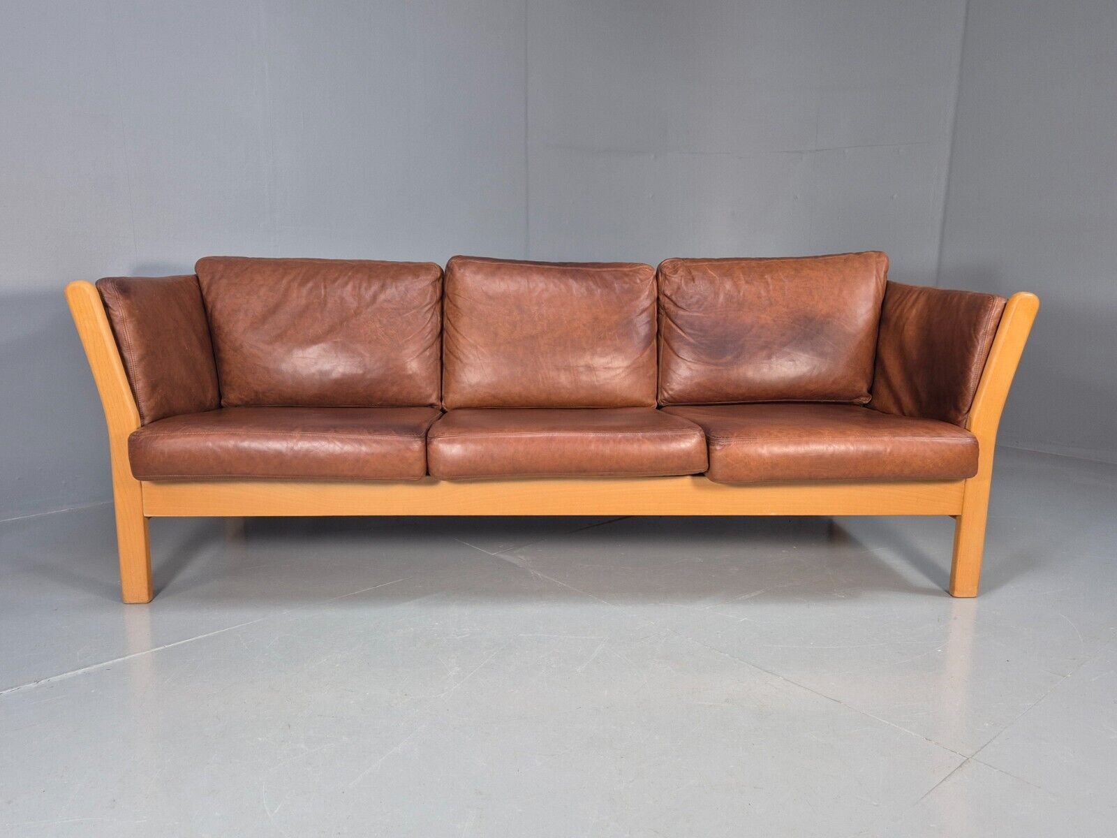 Vintage Danish 3 Seat Sofa Tan Leather Beech Ends Stouby Style MCM EB8751 M3SS - UKDK FURNITURE