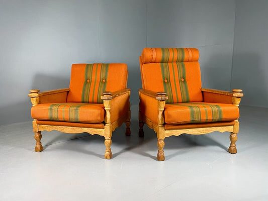 2 Vintage Danish Lounge Chairs Orange Green Oak Kjaernulf Retro MCM EB6716 MNOR - UKDK FURNITURE
