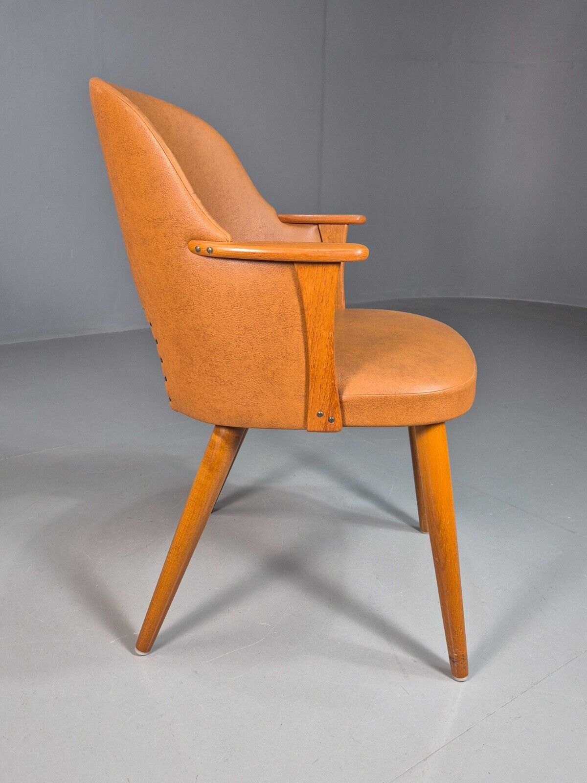 Vintage Tan Vinyl and Beech Small Arm Chair 1970s EB7663 MNOR - UKDK FURNITURE