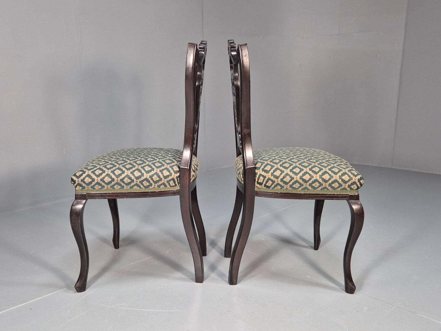 Vintage Royal Green Dining Chairs Pair Leaf Pattern Mahogany Frame EB9691 VDIN - UKDK FURNITURE