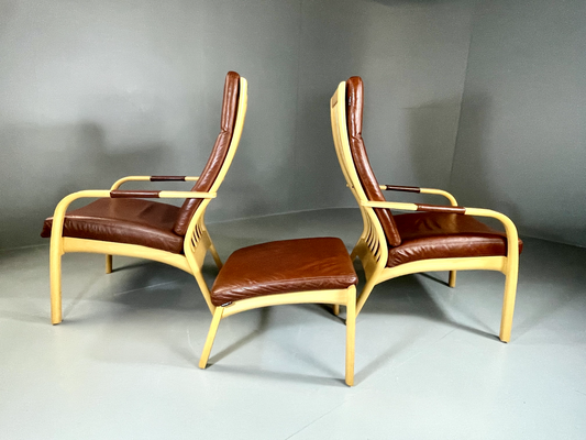 2 Vintage Danish Lounge Chairs And Footstool Bentwood Leather Retro EB6254MBEN - UKDK FURNITURE
