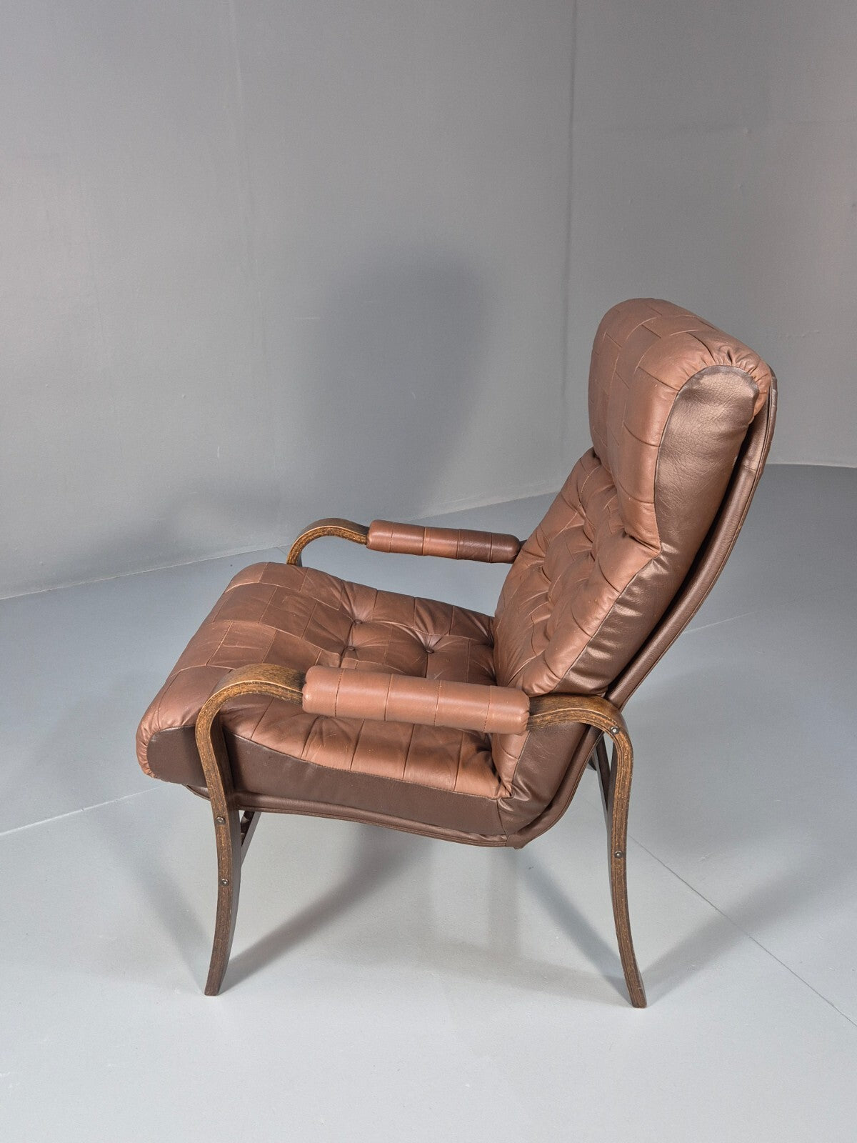 Vintage Danish Bentwood Lounge Chair Brown Leather Buttoned 1970s EB9486 MBEN - UKDK FURNITURE