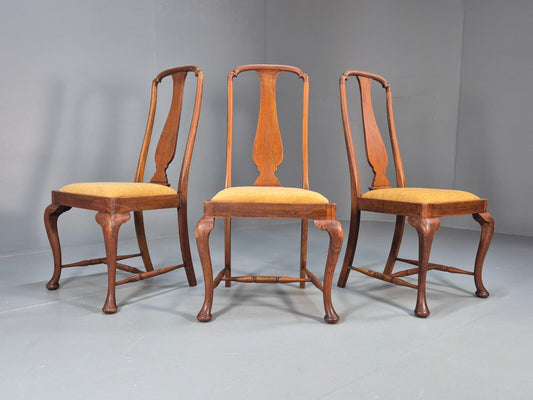 3 Walnut Queen Anne Style Dining Chairs Cabriole Pad Feet Splat Back EB9699 VDIN - UKDK FURNITURE