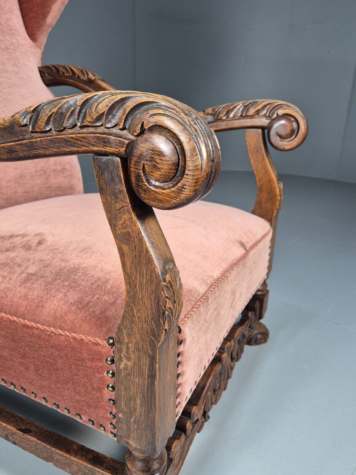 Vintage Danish Lounge Chair Pink Peach Velour Oak 17th Century Style EB8985 VCLO - UKDK FURNITURE