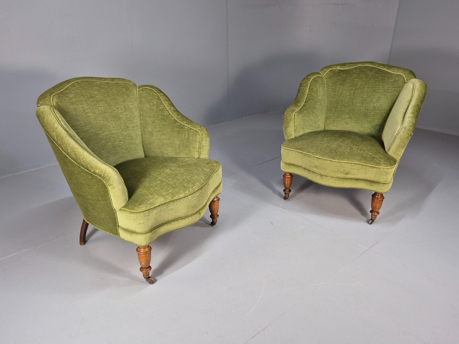 2 Vintage Danish Antique Tub Chairs Green Velour 19th Century EB9033 VCLO - UKDK FURNITURE